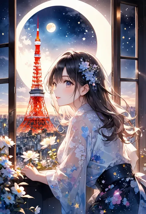 Beyond the window, you can see the sparkling Tokyo Tower and the night view of Tokyo。Clear crystal full moon with beautiful woman inside、Sparkling flowers and twinkling stars in the full moon 、 high quality、 high resolution、 high contrast、 watercolor