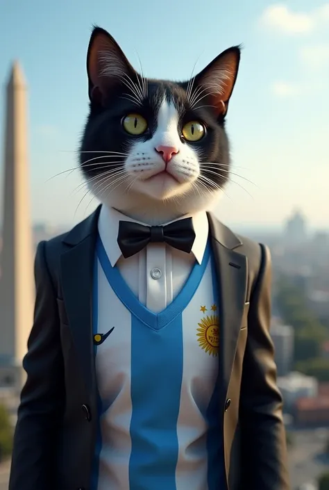 Tuxedo cat ,  black and white cat , with the Lionel Messi shirt, Lionel Messi fan, Argentinian fan, celebrando la copa del mundial en el obelisk de BUENOS AIRES, BUENOS AIRES,  ARGENTINA , obelisk,  realistic style,  hyperrealistic style, muy detallado,  t...