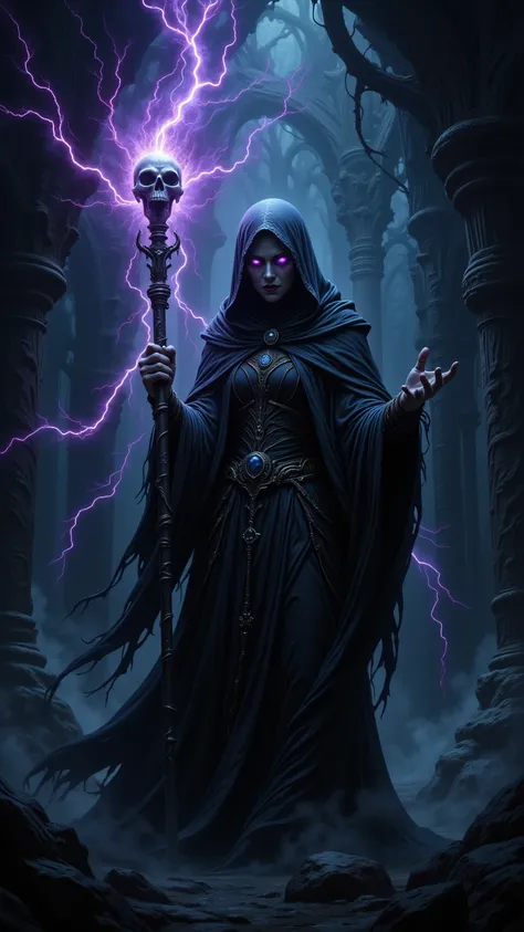 Magic style, nightmare, "Illustrate a powerful dark sorceress in a black hooded cloak, gripping a skull-topped staff charged with glowing purple and blue energy. Her glowing eyes match the color of the lightning sparking from the staff, while her expressio...