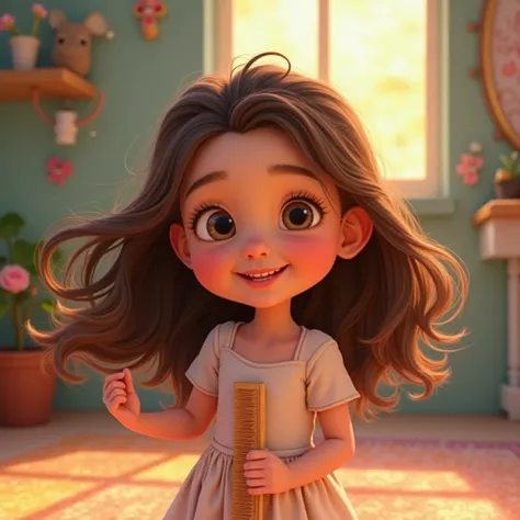 Petite fille de 4 ans aux cheveux bruns style Dinsey Pixar, elle tient un peigne dans sa main 