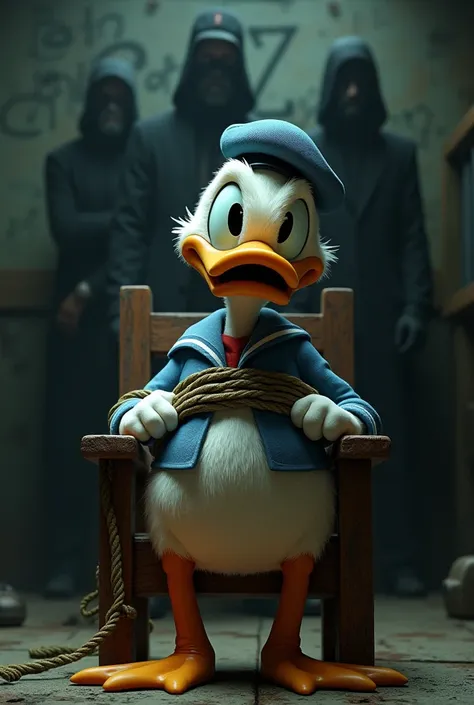 The Donal duck is tied to a chair napped by the cartel of Los Z. 