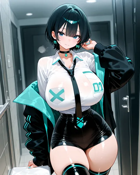 8K wallpaper、 best quality    、masterpiece、     748cm style     、    Hatsune Miku clothes for one woman、 shirt, black tie ,earrings,  jacket  , 色ed   shirt, Aqua Nail, black choker , blue eyes, black hair、    short hair、 wide hips   、     Underbob     、   ...