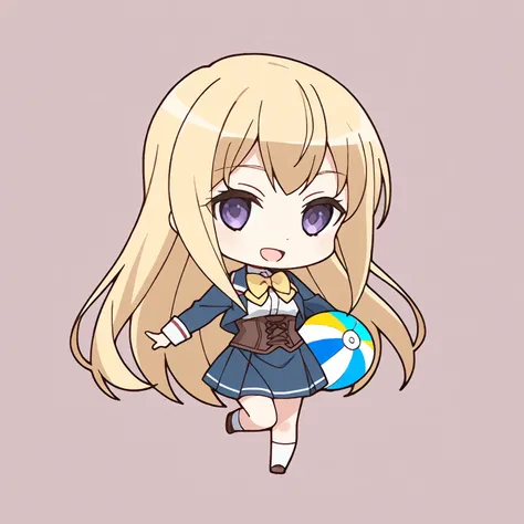 chibi-dol, chibi, full body, 1girl, solo, simple background, {yuzu edel, long hair, blonde hair, purple eyes, sidelocks,bow, school uniform, long sleeves, jacket, corset, yellow bowtie,}, smile, open mouth, have beach ball,