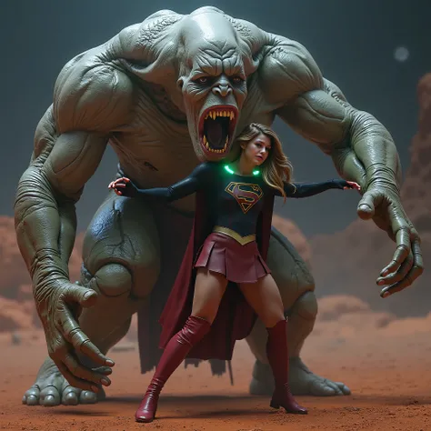 Supergirl is fighting with a huge alien monster, very bright white skin, can see whole body, She is wearing a thin black pantyhose, short red leather fabric skirt, red knee height long boots, blonde hair, lighting green collar on her neck, She is screaming...