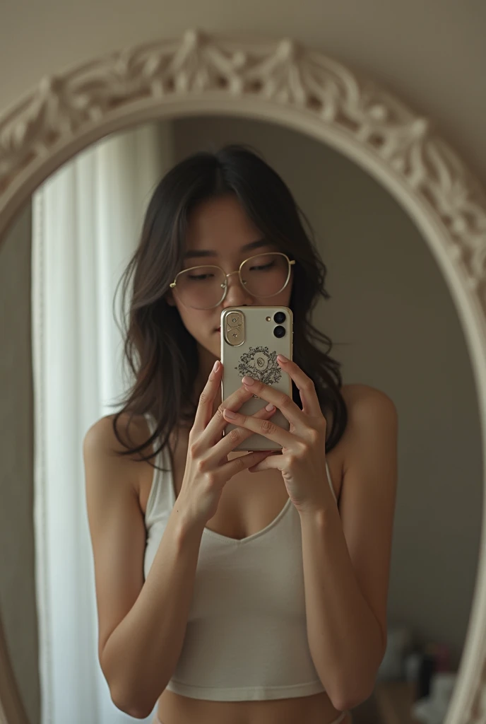 there is a woman taking a selfie in a mirror, a picture inspired by Ye Xin, instagram, realism, low quality photograph, very very low quality picture, low quality photo, iphone selfie, with glasses, mirror selfie, profile picture, selfie of a young woman, ...