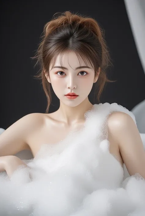 (( best quality, masterpiece,  score_9,  score_8_ up,   realistic pictures ,   realistic realism  , boring)), a beautiful Japanese Asian age girl s upermodel,  Covers ,  brown hair with black highlights,  updo,   lots of soap bubbles fill the tub 、 {x} A g...