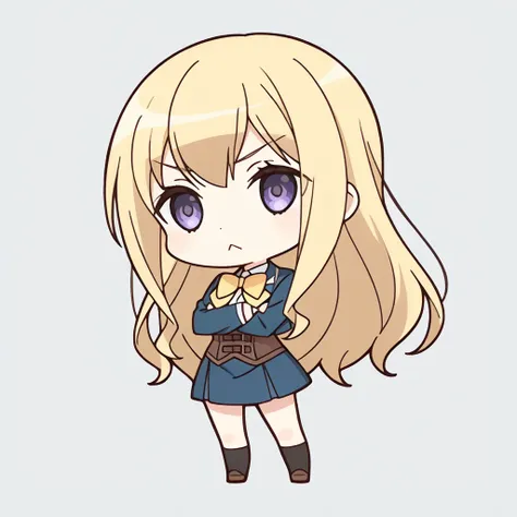 chibi-dol, chibi, full body, 1girl, solo, simple background, {yuzu edel, long hair, blonde hair, purple eyes, sidelocks,bow, school uniform, long sleeves, jacket, corset, yellow bowtie,}, :<, crossed arms