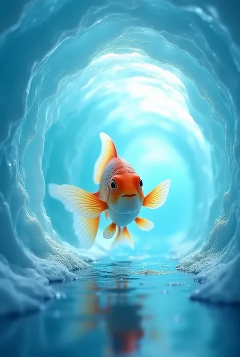 the fish moving away from screen into a tunnel having walls of frozen water