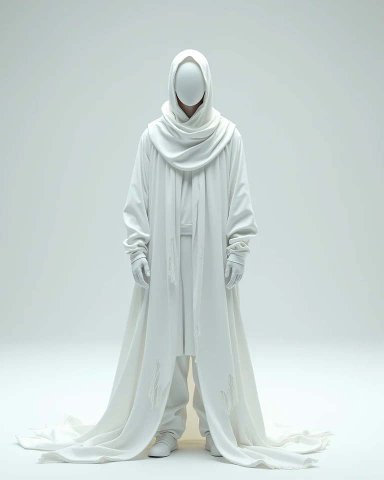 Man wearing a long, all-white outfit and he's wearing a smooth white mask that goes up to his neck, with a white hoodie and a long cape with some rips, He wears a white glove on each 