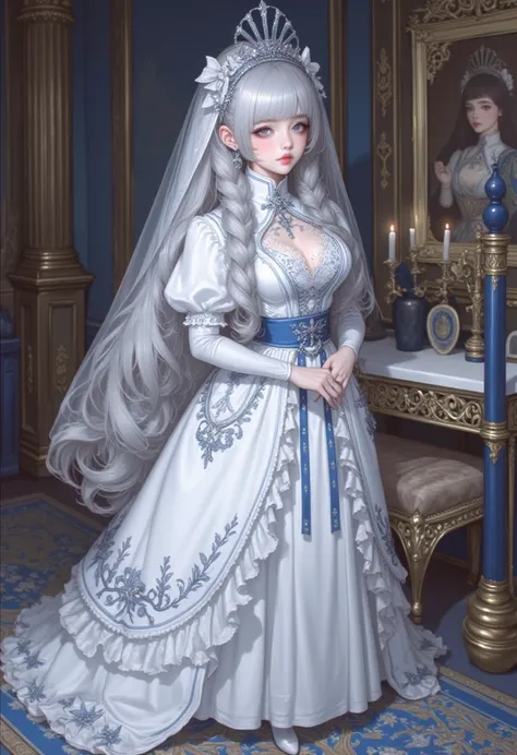 ( Details beautiful eyes and  Details face, Masterpiece side light, Masterpiece,  best quality,  Details,  Hi-Res Illustration), shiny skin、１The girl who is extremely beautiful in human beings「Sarah Auverge Crail」 western blue silver hair white veil with s...