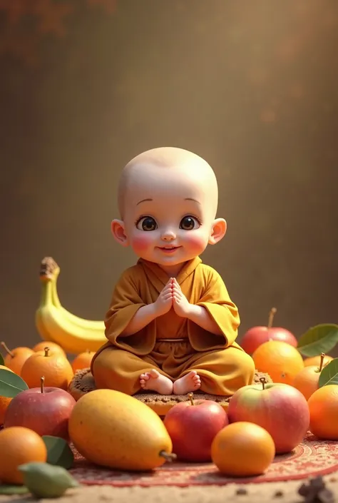 A cute 2year old Buddhism boy play fruits