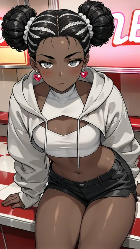 1Girl, Mature, Ebony, African American, Dark Skin, Small Puffy Buns, Jet Black Puffy Buns, Ash Grey Eyes, Medium Chest, White Halter Crop-Top, White Cropped High-Cut Hoodie, Black Short Shorts, Jewelry, Heart Earrings, Looking At Viewer, Bored, Serious, Bl...