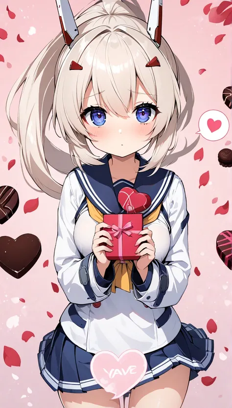 portrait、 Valentine、 pink background、Girl holding a box of wrapped chocolates in both hands、 shameful expression 、school uniform, Navy blue blazer、 check skirt、petals effects、spoken heart、from front、from above、 ayanami \(azur lane\),