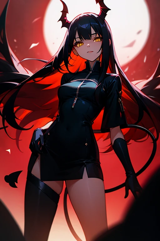  Beautiful woman,  straight hair , raw hair,  black hair,  yellow eyes, demon tail