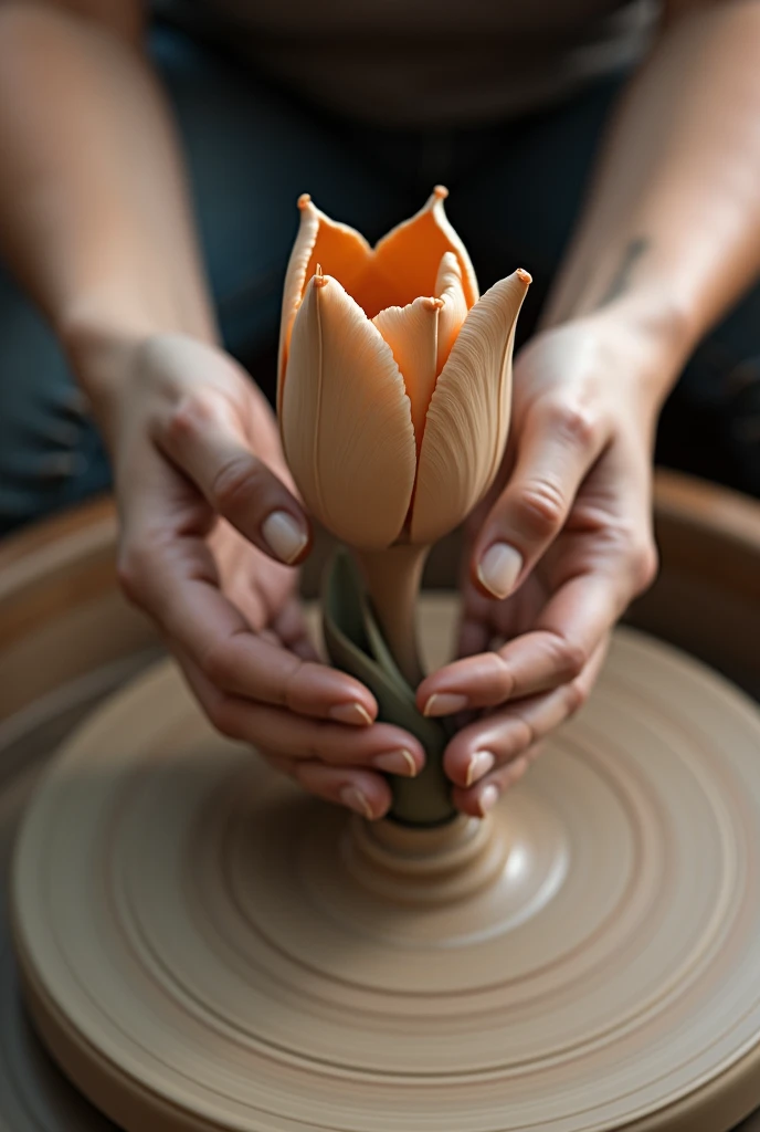 Potter's wheel, women's hands molding a product from wet clay. Suddenly, instead of the expected vase, the clay turns into a clay tulip