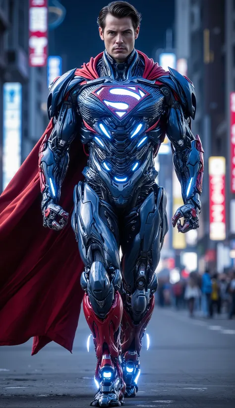 "Henry Cavill as Superman in advanced blue and red mecha armor, walking confidently toward the camera. The suit features intricate metallic plating with glowing blue energy veins, a bright, radiant 'S' emblem prominently on his chest, and jet boosters inte...