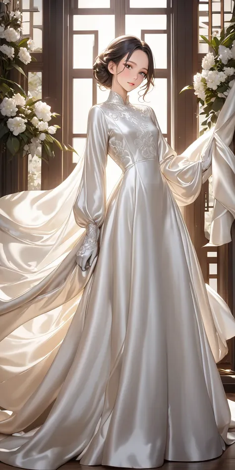  full body photo、portrait、(Masterpiece, best quality,  super high resolution ), extremely detailed CG , Japanese woman,(( beautiful face)),((Elegant long sleeve long dress made of shiny white silk satin))、((The dress has a simple design with no embellishme...