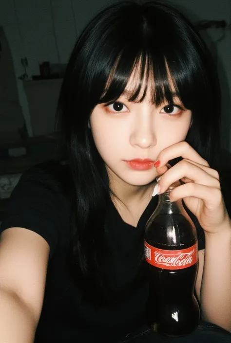 She is a beautiful Japanese teenager, with pale skin, long black hair with bangs and black eyes. She is taking a selfie drinking coca cola. Clothes: She is wearing a black t-shirt along with black pants. Setting: Poorly lit room.