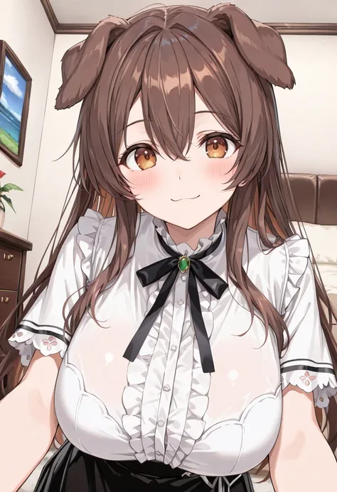 ( best quality , 8k , masterpiece , incredibly absurdres , beautiful woman , perfect body , super detailed skin , highly detailed eyes and face , 1 person ) , Inugami King , original hair color ,  brown hair  ,  dog ear , smile ,  will be happy , (  Jirai ...