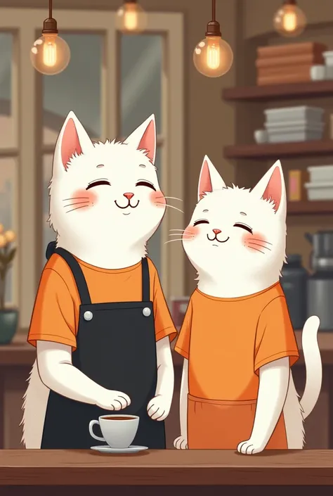 three white cats, black and orange wear barista shirts and aprons,  standing in the barista's room, In front of him is a barista table . background in coffeshop.