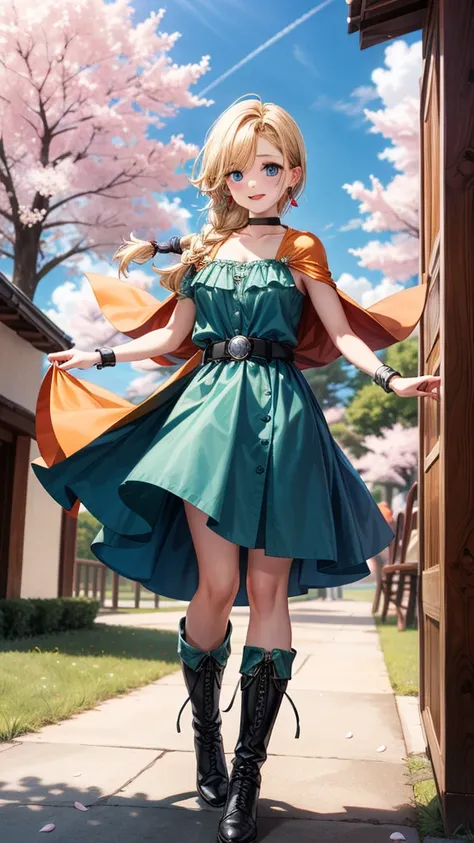 masterpiece, high resolution, very detailed,Bianca \(\),blue eyes, long hair, Single Blade, earrings, choker,Orange Cape, green dress, bracelets in the room,belt, boots,( lift of the wind :1.2),,( embarrassing:1.2),Outdoors,Castle Garden,dance、 high resolu...