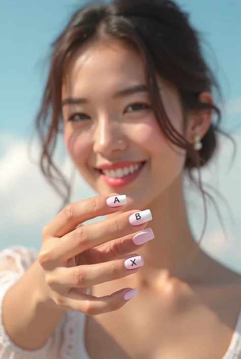 girl showing her hand and nails done pink with a french sky tip and the intials A, B, X on the nails