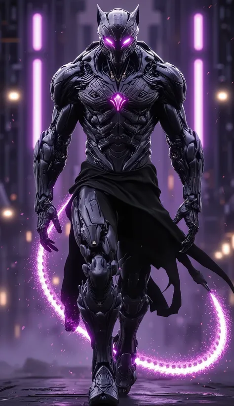 "Black Panther in a sleek, advanced black and purple mecha suit inspired by Wakandan technology. The suit features intricate, glowing purple energy veins running through the vibranium armor, highlighting its power and elegance. The helmet retains its panth...