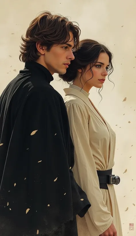 Princesse Leia et Luke Skywalker dans un style de peinture à l'aquarelle transparent, Eyes safe and  focused .Porter un collant ou une cape noire,faire preuve de prudence、 dangereux: 。Ses mouvements sont agiles、  focus,  Hidden in clothes 。Être dans un env...