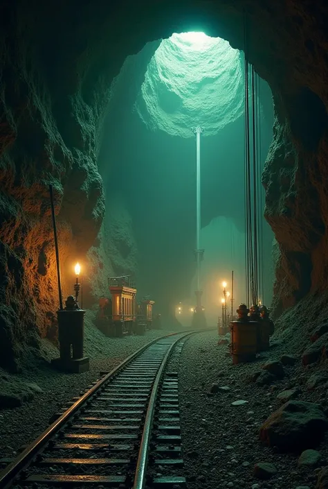  Make a steampunk-style underground mine like from the 1960s where iron is extracted, carbon, emeralds, air.
 It is a mine with a huge cavern , high and with different inputs to metal betas. You can see rails,  drilling and transport equipment .