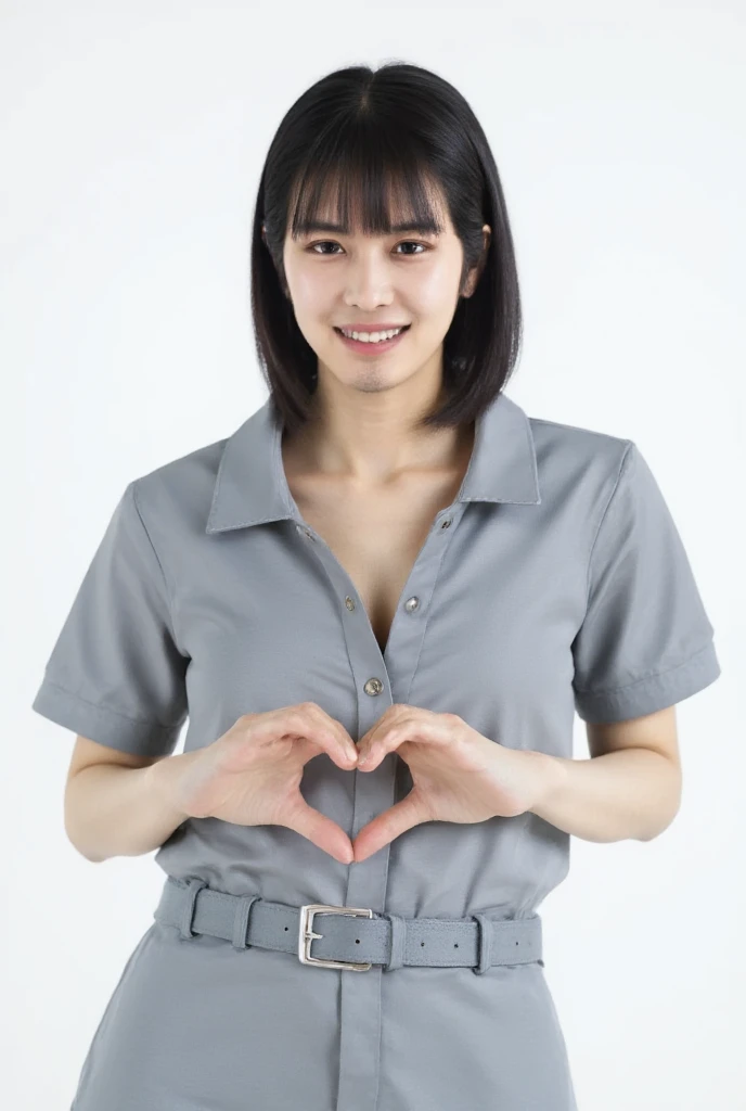  Super Fine、Picture of her face 、 and she has a smile showing her teeth, I&#39;m wearing a one-piece dress,  posing with her hands crossed in the shape of a heart in front of her chest、The background is plain 、    high definition 、細部にわたって   high definition...