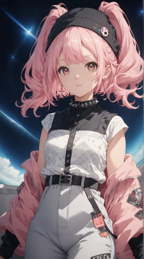 An anime girl with long, pastel pink hair styled in twin tails, accessorized with a small black beanie and delicate cross earrings. add light on face to highlight. She’s She is dressed in a sleek, form-fitting white top with subtle grid patterns and a high...