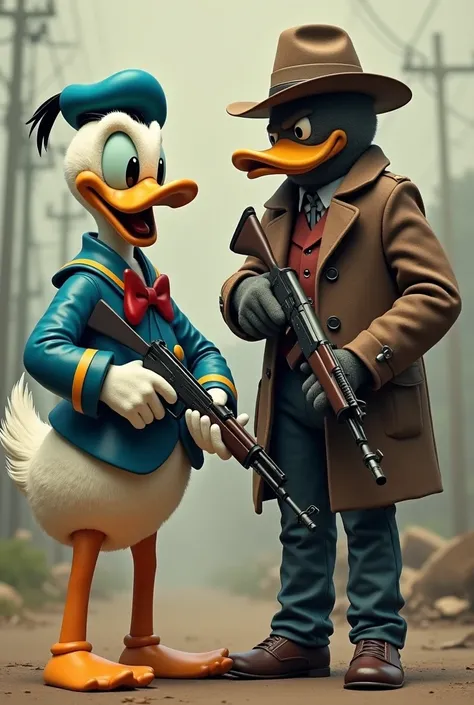 Donal duck talking to Mencho while they both bring an ak47