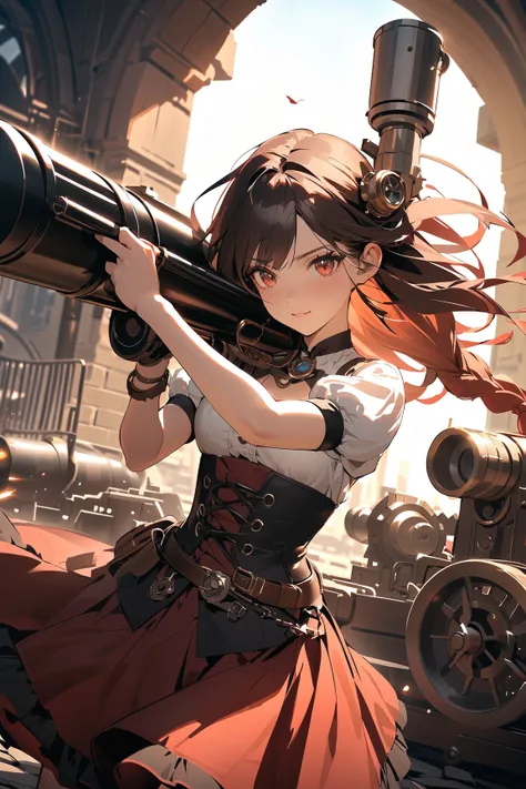 1 girl, (charming face), steampunk warrior, long braided hair, (wearing a corset with mechanical details), (small breasts), striking an action pose, (gatling gun slung over shoulder), fierce expression, BREAK  industrial landscape, smokestacks in the dista...