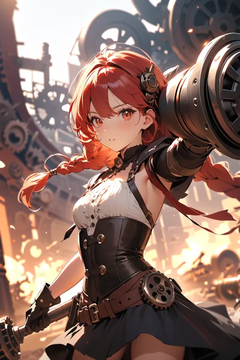 1 girl, (charming face), steampunk warrior, long braided hair, (wearing a corset with mechanical details), (small breasts), striking an action pose, (gatling gun slung over shoulder), fierce expression, BREAK  industrial landscape, smokestacks in the dista...