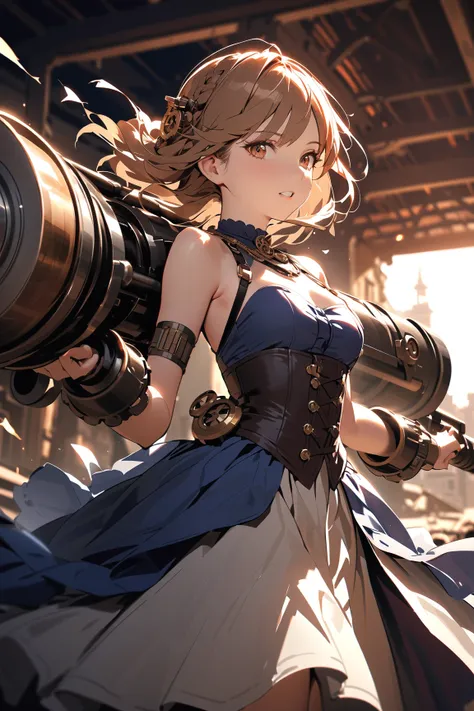 1 girl, (charming face), steampunk warrior, long braided hair, (wearing a corset with mechanical details), (small breasts), striking an action pose, (gatling gun slung over shoulder), fierce expression, BREAK  industrial landscape, smokestacks in the dista...