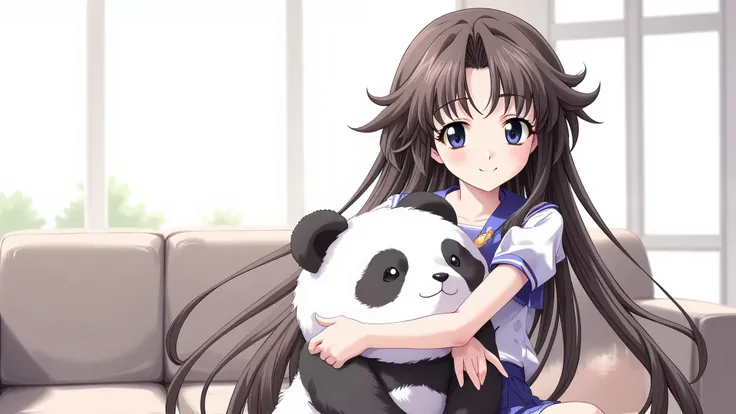 masterpiece、 best quality、 long hair、 detailed face、 detailed eyes 、smile、school uniform、Short sleeve、 sailor suit、 pleated skirt、 miniskirt、 detailed background、Hold a big stuffed panda、Large sofa