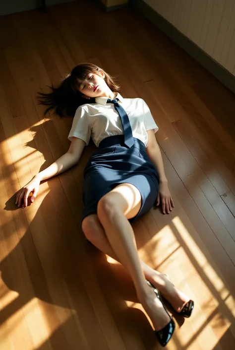 Sexy beautiful Japanese woman, a self defense officer uniform, wearing a white short-sleeves shirts, navy blue tie, navy blue pencil skirt, Black patent high heels, beautiful hip-line, Beautiful thighs, beautiful legs, The woman is exhausted and asleep on ...