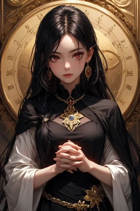  black hair　 long hair　Red Eyed Girl 　 black dress 　 gold earrings　＆　 Silver Hair　 long hair　Red Eyed Girl 　 White Dress 　 gold earrings　Same face　 hold hands 　Face it　 magic 　Kronos　clock