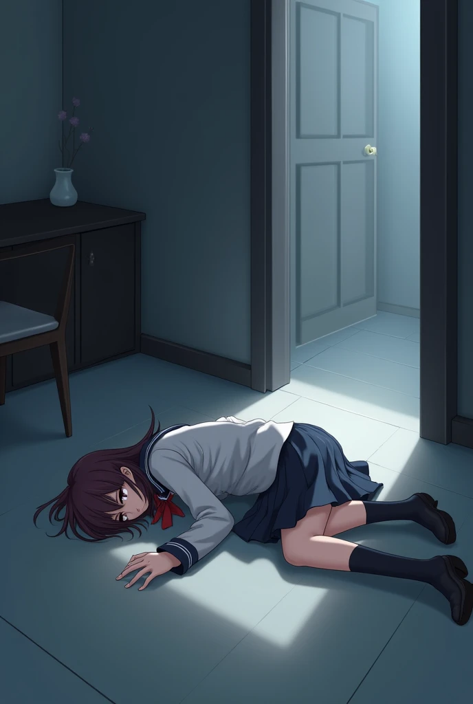 An anime girl in a uniform is lying face down on the floor, 