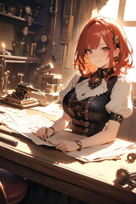 1 girl, (charming face), (medium length hair), (confident smile), large breasts, (wearing a layered steampunk outfit with tulle), short sleeve, (vintage accessories), 
BREAK 
mechanical workshop, (gattling gun:1.2), poised elegantly, (tools and blueprints ...