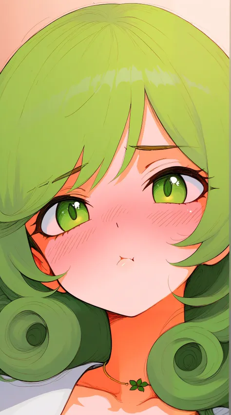 asian high school girl, focus on eyes, close up on face, pouting, wearing jewelry, apple green color hair styled Faux Hawk with Curly Hair, freckled face, slender, pale, shiny skin, anime, manga, heavy blushing,