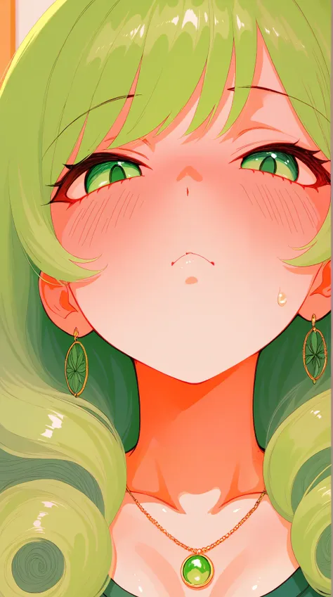 asian high school girl, focus on eyes, close up on face, pouting, wearing jewelry, apple green color hair styled Faux Hawk with Curly Hair, freckled face, slender, pale, shiny skin, anime, manga, heavy blushing,