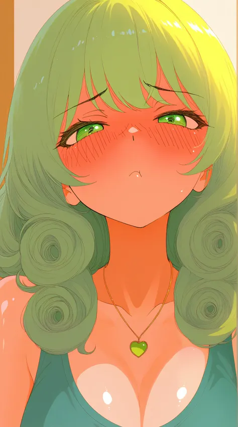 asian high school girl, focus on eyes, close up on face, pouting, wearing jewelry, apple green color hair styled Faux Hawk with Curly Hair, freckled face, slender, pale, shiny skin, anime, manga, heavy blushing,