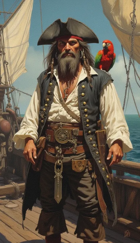 a typical pirate with a parrot on his shoulder