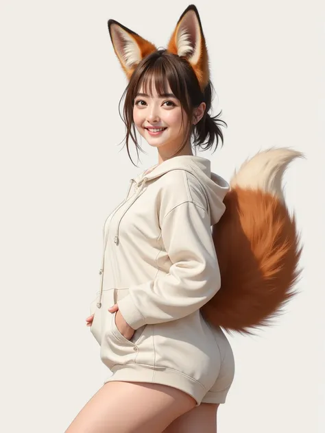 ((  top quality , 8k)), (( Juliet's sleeve 1 dumb haired girl)), ((  photorealistic)), (Masterpiece),  perfect face , ((Woman with fox ears )), ((That woman has a tail )), foxgirl, (Her tail is big  ), ( That beautiful woman is smiling), She's a college st...