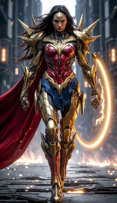 Wonder Woman in magnificent golden mecha armor, striding powerfully toward the camera. Her full-body suit glows with red and blue accents, and her chest plate features a radiant metallic eagle emblem. She holds a glowing, high-tech lasso in one hand and a ...