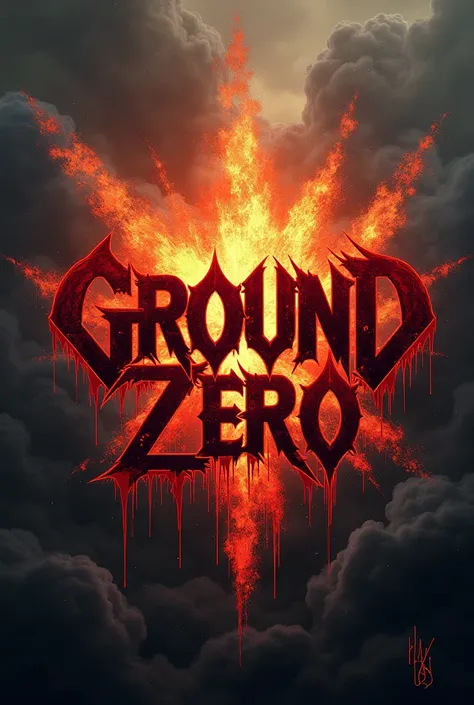  Band logo with an explosion and smoke in the background ,  the name Ground Zero in red letters ,  edges with fangs and drops of blood 