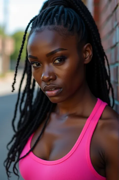 African black woman, crying, very ebony dark skin, dreadlocks, Fitness, musclular body, pink tracksuit, street Block, close-up portrait, from face 