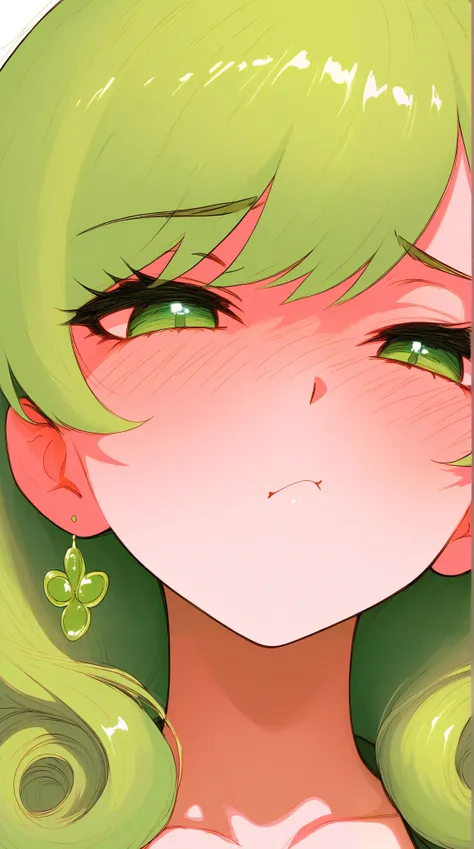 asian high school girl, focus on eyes, close up on face, pouting, wearing jewelry, apple green color hair styled Faux Hawk with Curly Hair, freckled face, slender, pale, shiny skin, anime, manga, heavy blushing, 
