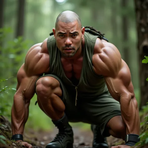  face close-up， A muscular bald young hunk，American-style inch ，Round Face，Crouching on the ground in the woods in an army green vest and shorts，face lens，